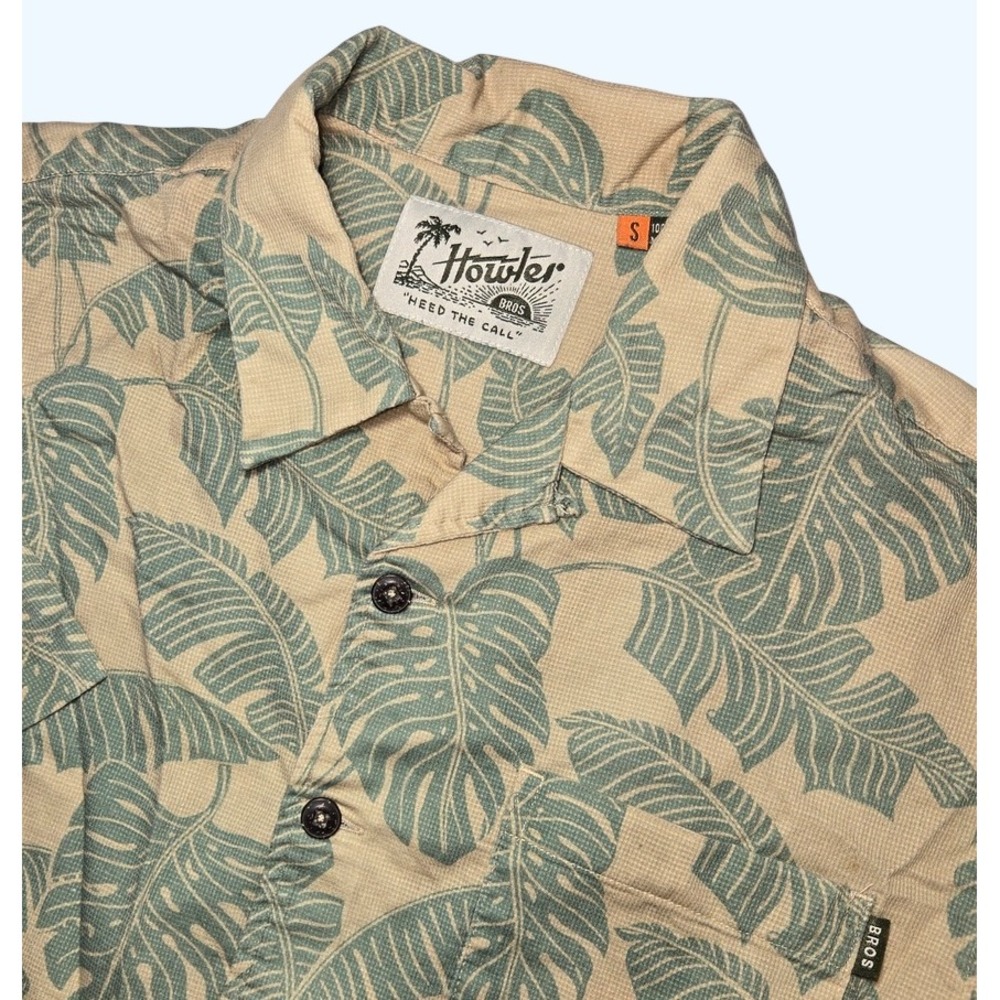 Howler Bros Tropical Monstera Leaf Button Up Shirt Mens Small Tan Green READ